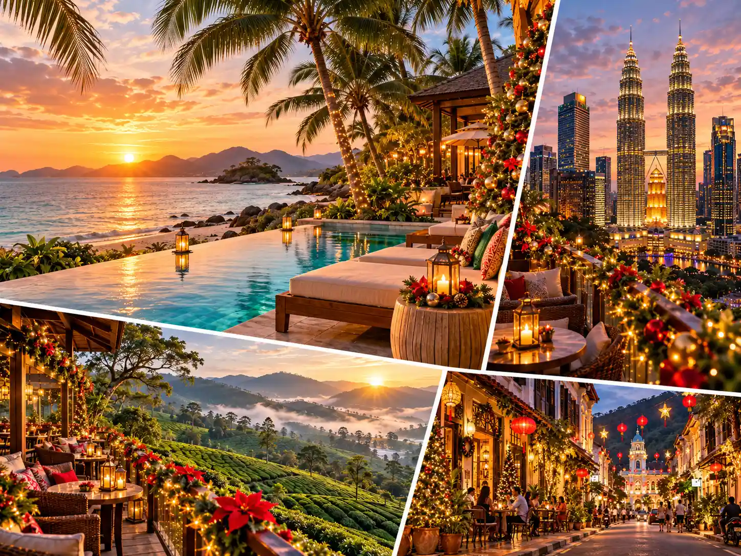 Malaysia Christmas and New Year holidays package featuring a tropical beach resort, Kuala Lumpur Petronas Twin Towers, Cameron Highlands tea plantations and festive Penang streets.