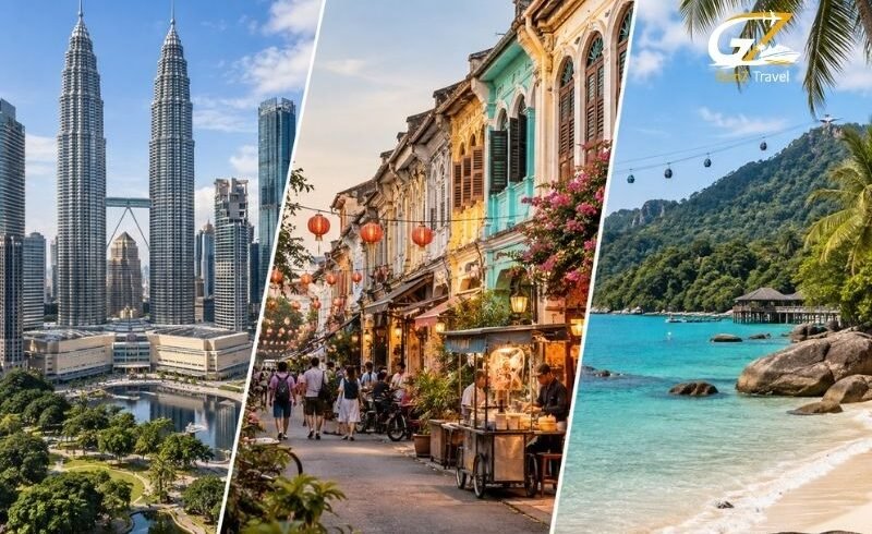Malaysia multicentre holiday collage featuring Kuala Lumpur's Petronas Twin Towers, colourful Penang heritage streets and Langkawi's tropical beaches.