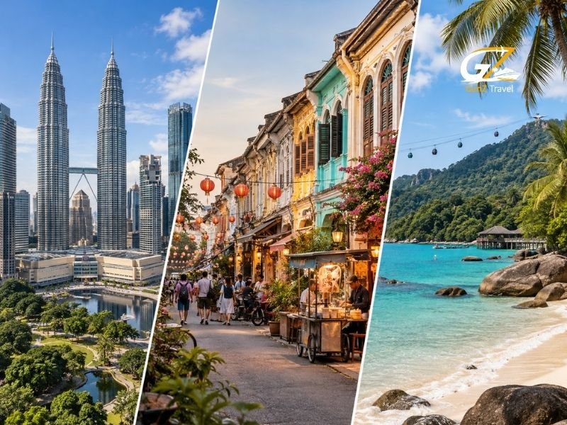 Malaysia multicentre holiday collage featuring Kuala Lumpur's Petronas Twin Towers, colourful Penang heritage streets and Langkawi's tropical beaches.