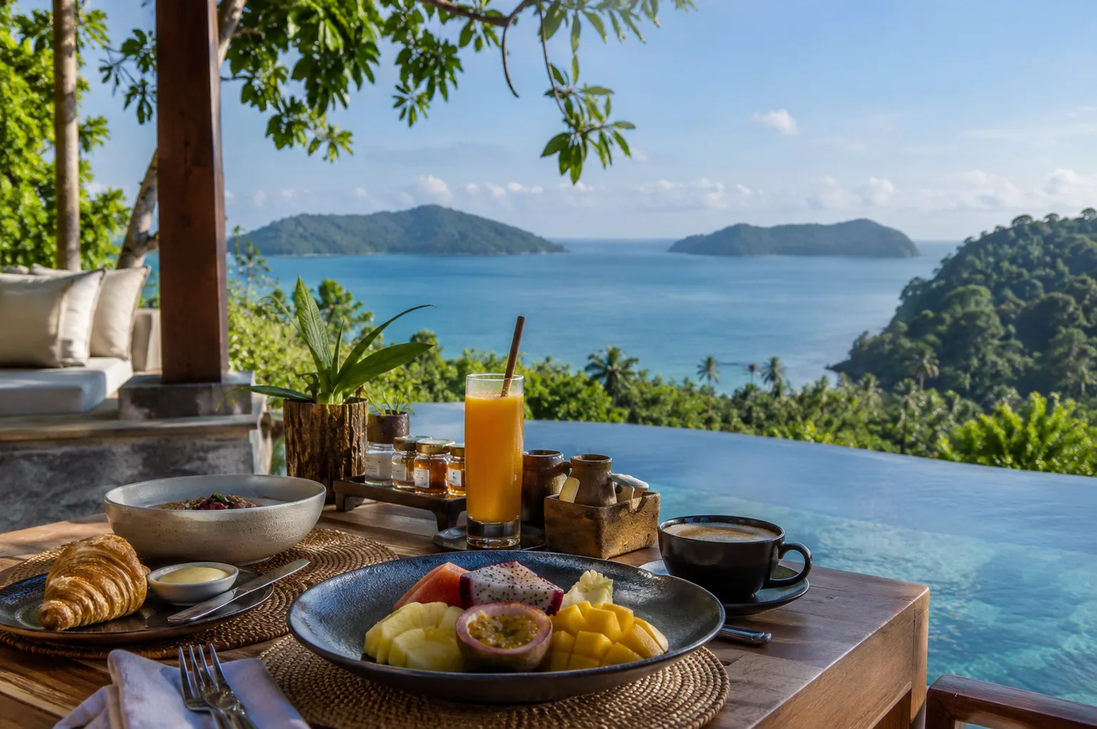 Tropical resort breakfast in Malaysia featuring fresh fruit, coffee and pastries overlooking an infinity pool and beautiful sea views.