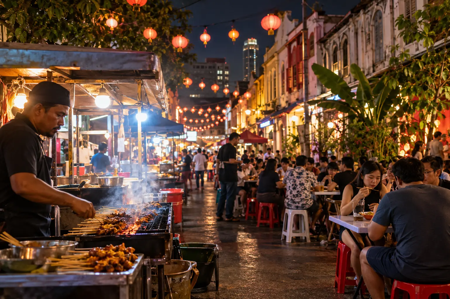 Busy Malaysian night market with a street food vendor grilling satay, colourful lanterns and visitors enjoying local food.