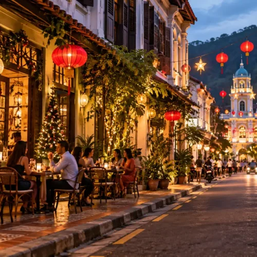 George Town heritage street in Penang, Malaysia, decorated with Christmas lights, red lanterns and outdoor cafés during the festive season.