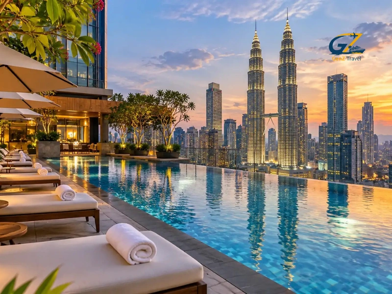 Luxury hotel rooftop infinity pool in Kuala Lumpur with sun loungers and stunning views of the illuminated Petronas Twin Towers at sunset.