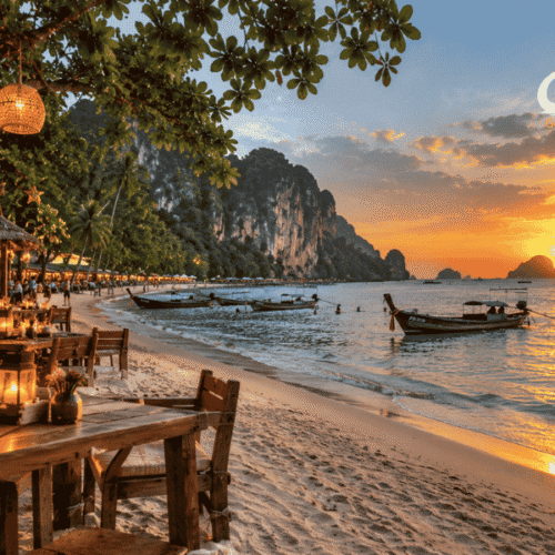 Thailand Christmas holiday package featuring a sunset beach, traditional longtail boats, festive lights and a beachfront restaurant.