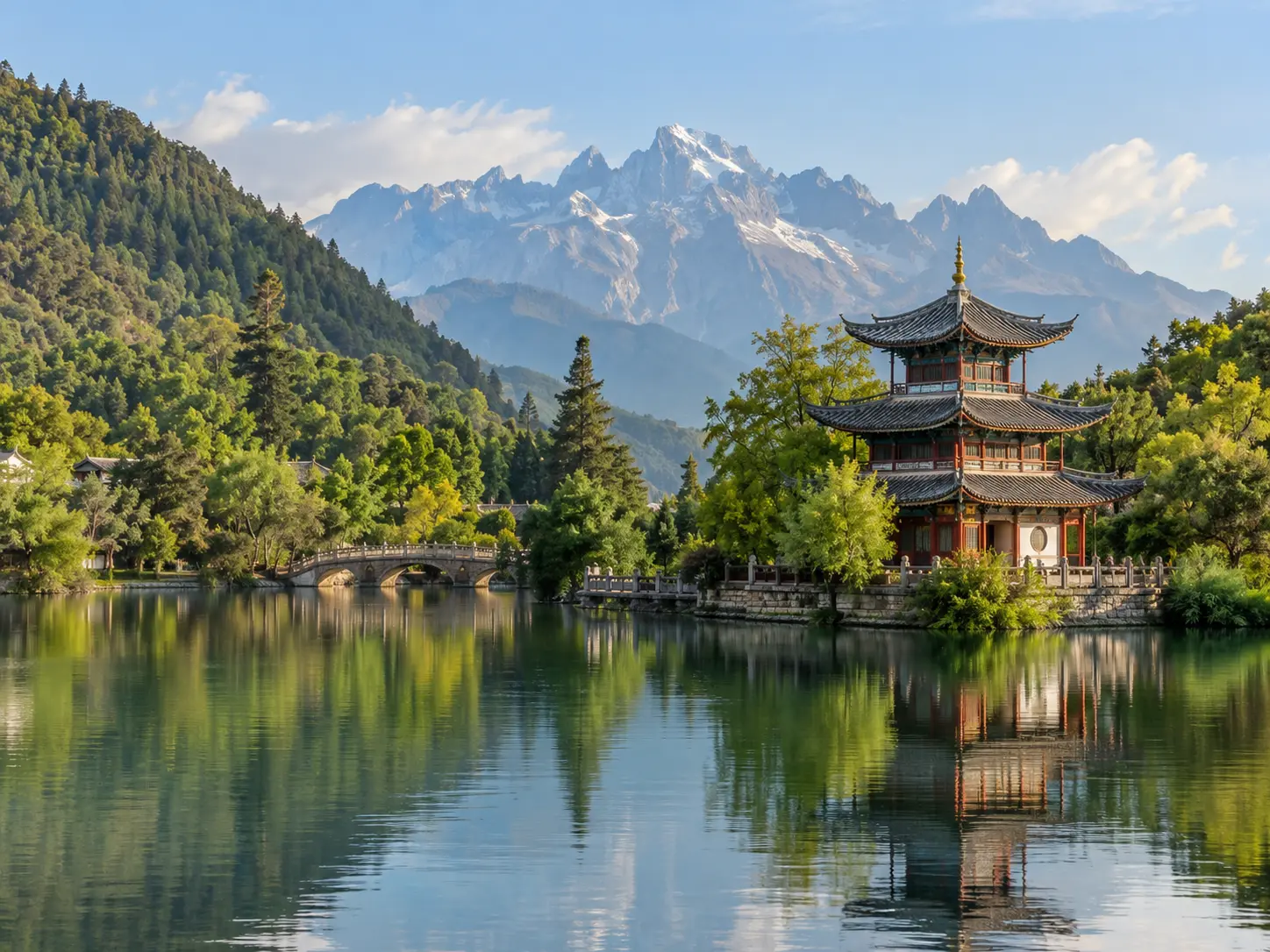 Traditional Chinese pagoda beside a peaceful lake, surrounded by green forests, snow-capped mountains and scenic reflections in the water.
