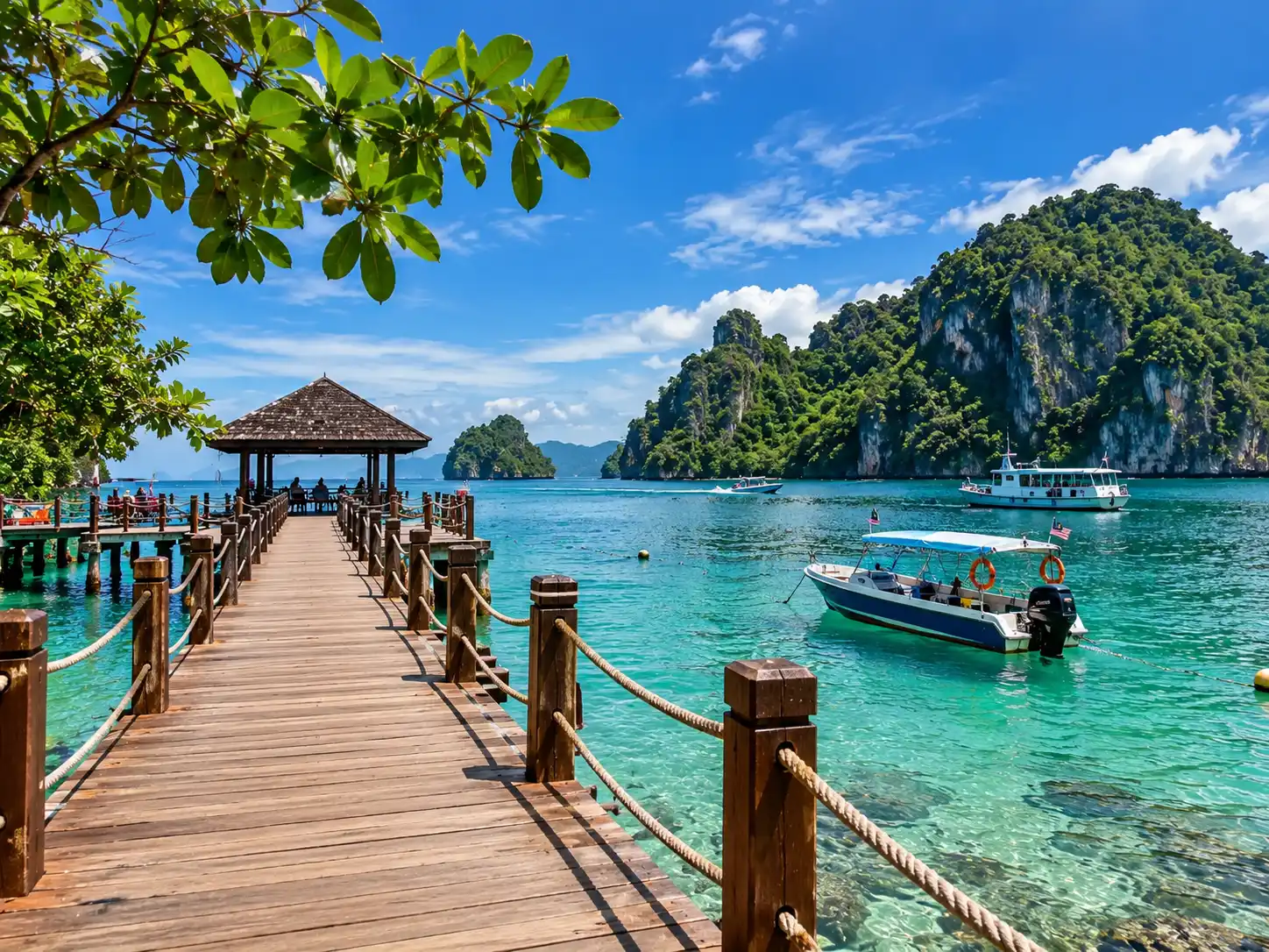 Wooden pier leading to a seaside pavilion, surrounded by turquoise water, tropical limestone cliffs and boats in a Malaysian island setting.