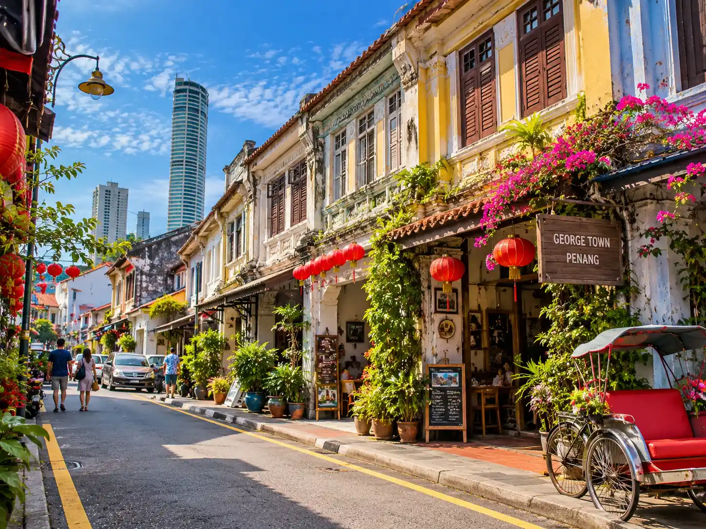 Colourful colonial buildings, red lanterns, street cafés and a traditional trishaw along a historic street in George Town, Penang, Malaysia.