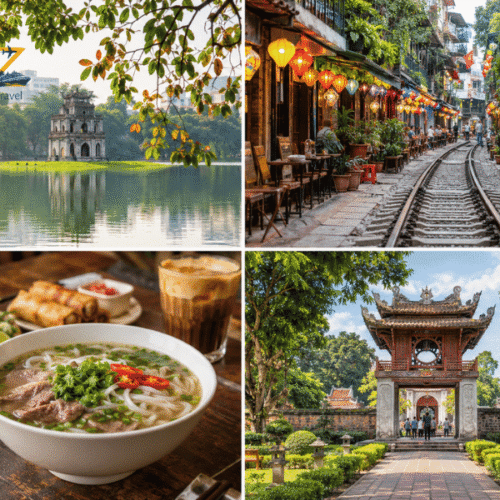 Hanoi Vietnam holiday package featuring Hoan Kiem Lake, Old Quarter Train Street, Vietnamese pho and Temple of Literature.