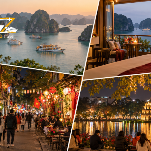 Travel collage featuring Ha Long Bay, festive hotel accommodation, Hanoi Old Quarter and Hoan Kiem Lake during Christmas and New Year