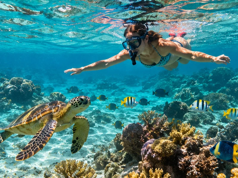 Woman snorkelling in clear Caribbean waters alongside a sea turtle and colourful tropical fish swimming above a coral reef.