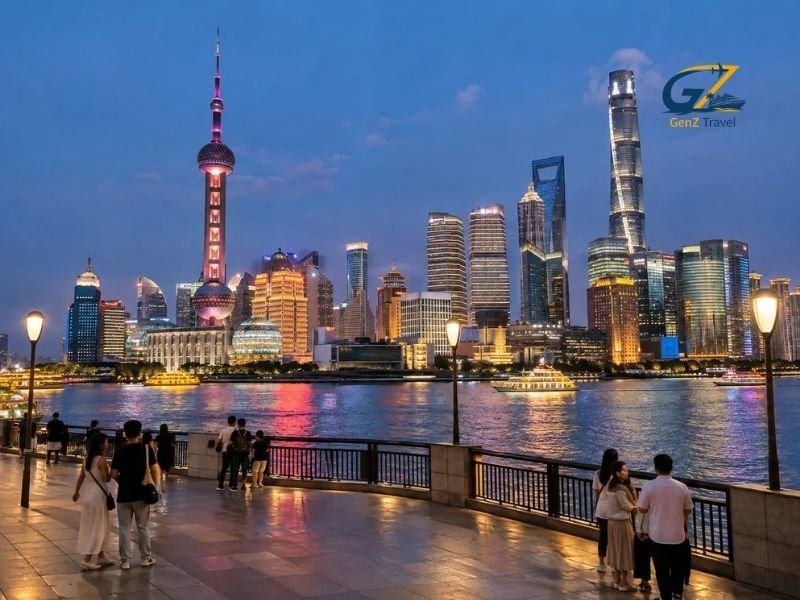 Illuminated Shanghai skyline at dusk featuring the Oriental Pearl Tower, modern skyscrapers, Huangpu River and people walking along the Bund.