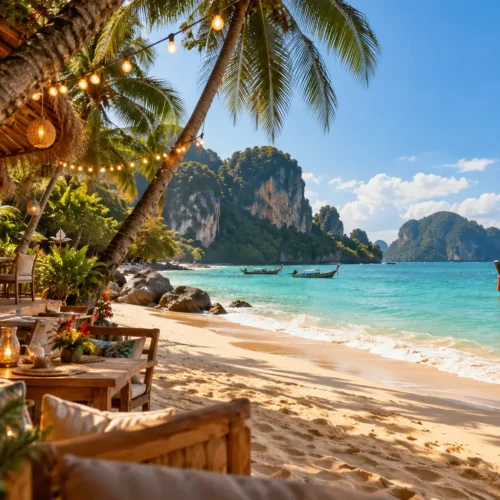 Tropical Thailand beach with golden sand, traditional longtail boats, limestone cliffs and festive Christmas decorations.