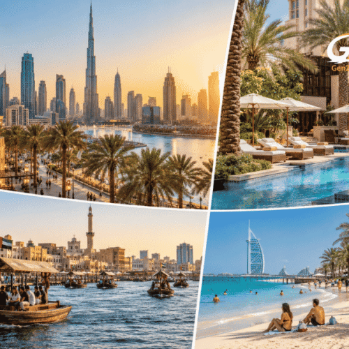 Collage of Dubai holiday highlights featuring the Burj Khalifa skyline, luxury hotel pool, Dubai Creek abra boats and a sunny beach