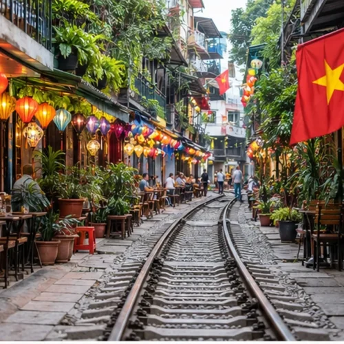 Colourful lanterns, traditional cafés and Vietnamese flags along Hanoi Train Street in the Old Quarter, Vietnam.