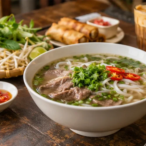 Traditional Vietnamese pho noodle soup with fresh herbs, beef and egg coffee served at a local café in Hanoi.