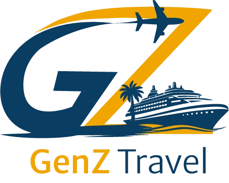 GenZ Travel logo with aeroplane, palm trees and cruise ship