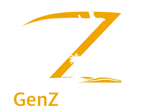 GenZ Travel white and gold logo with aeroplane, palm trees and cruise ship