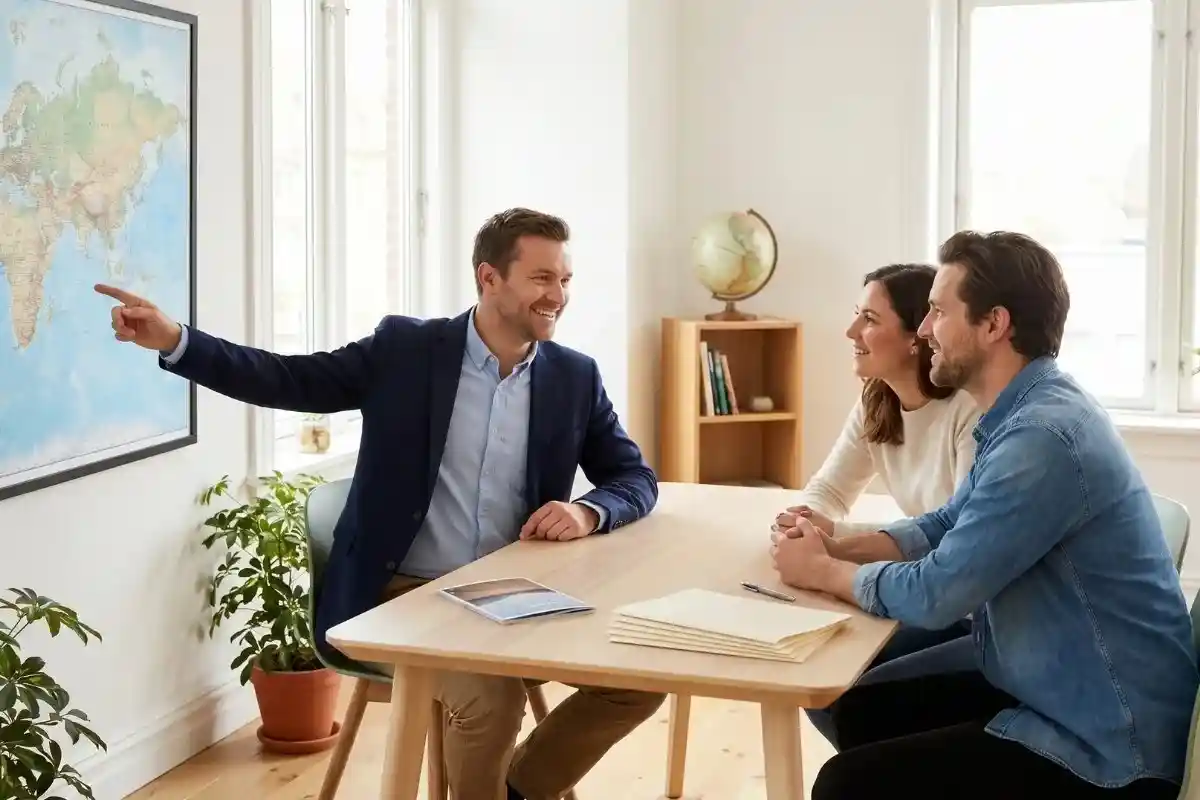 UK travel consultant pointing to a world map while planning a holiday package with a smiling couple at a table